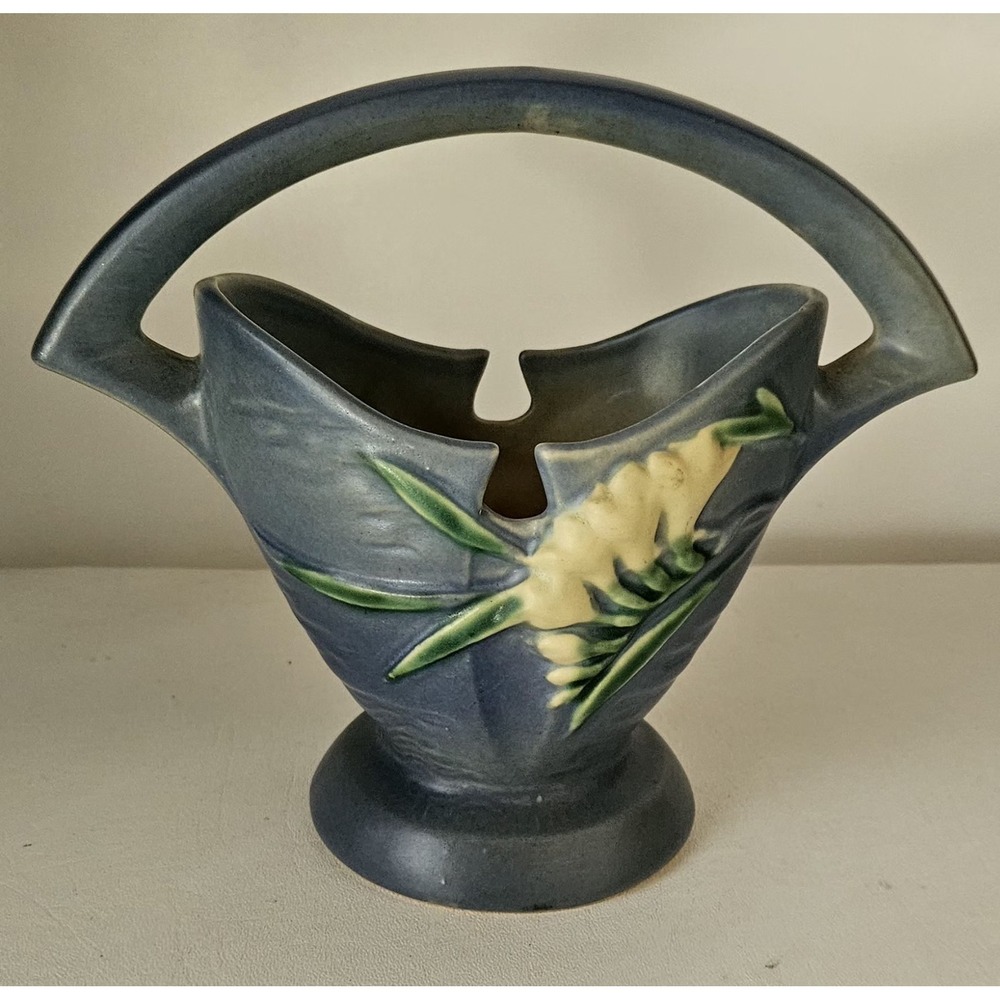 Vintage Roseville Pottery Freesia Blue Pottery Basket Vase 390-7"